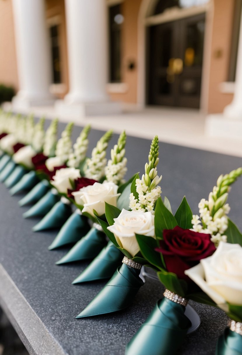 A group of corsages arranged in a neat row, ready to be worn by attendees at a courthouse wedding