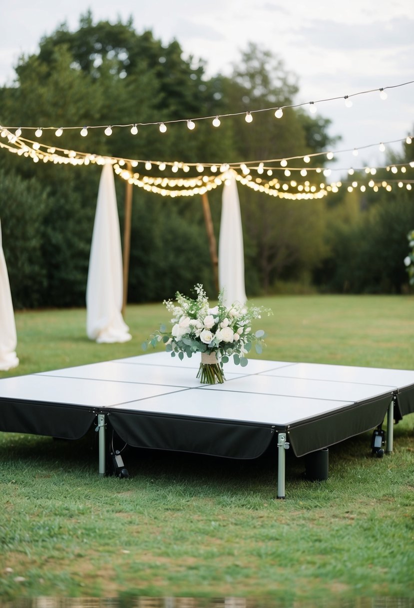 A portable dance floor set up in a simple outdoor wedding setting with fairy lights and floral decorations