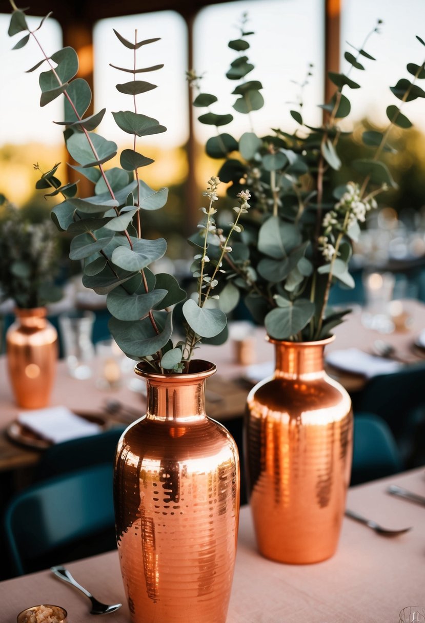 Copper vases hold eucalyptus branches, creating a rustic wedding centerpiece