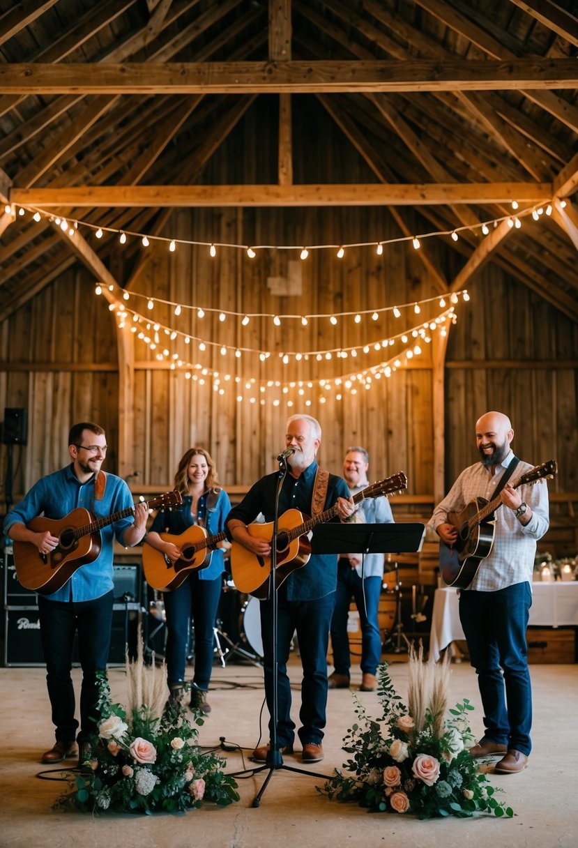 A local band plays under string lights in a rustic barn, surrounded by simple floral arrangements and homemade decor