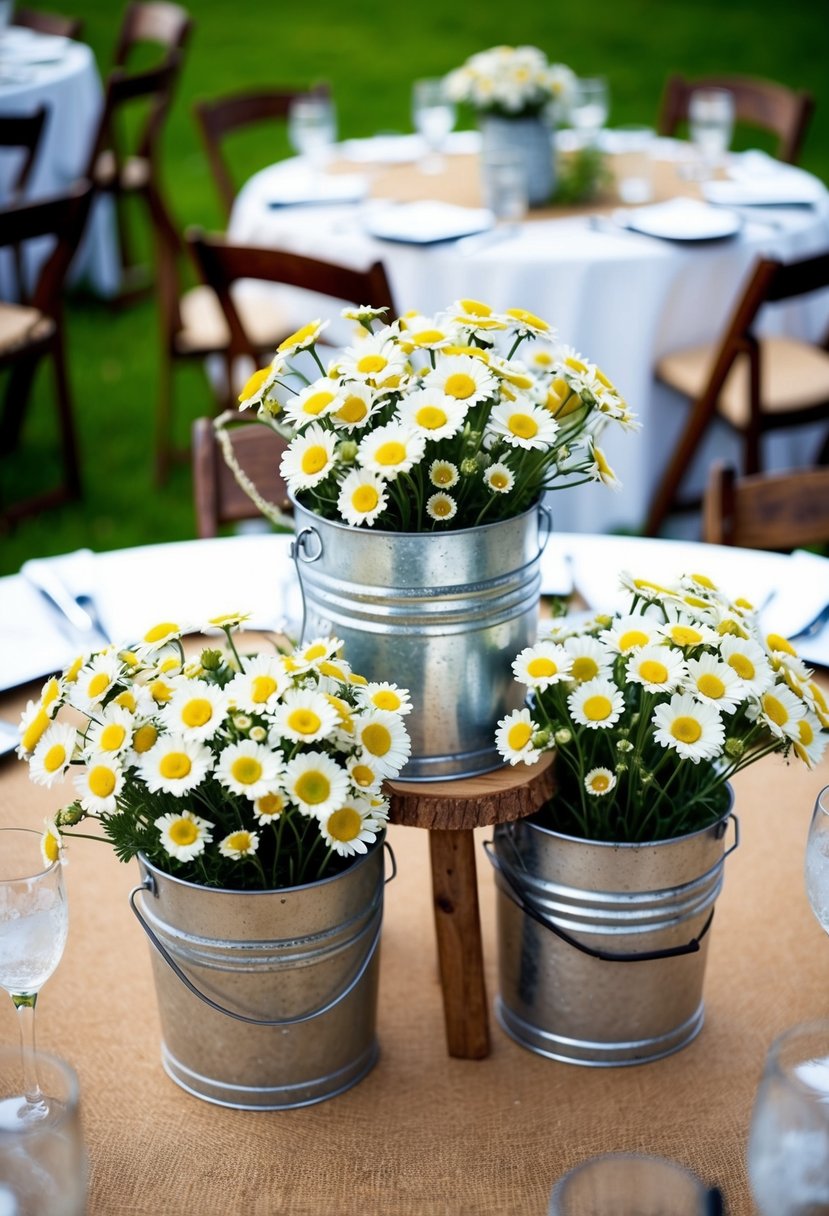 Rustic galvanized buckets filled with bright daisies arranged as wedding centerpieces