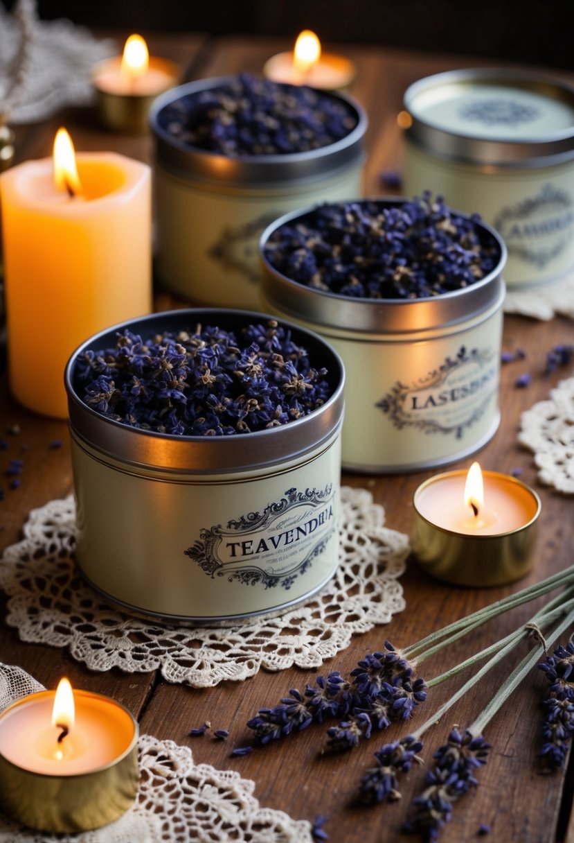 Antique tea tins filled with dried lavender arranged on a wooden table, surrounded by flickering candles and vintage lace accents