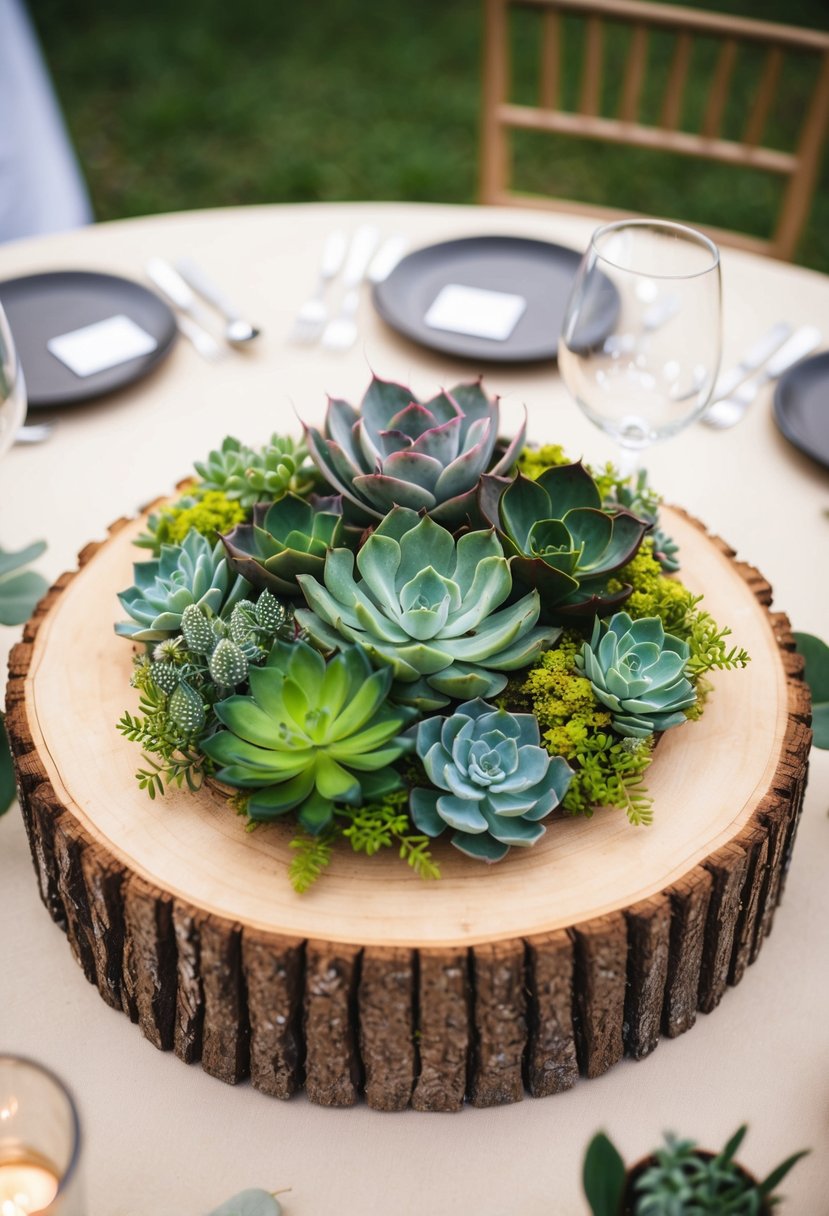 A wooden log round adorned with various succulents and greenery, serving as a rustic wedding centerpiece