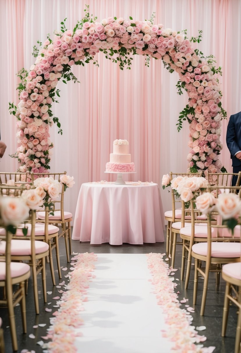 A pink floral arch frames a white aisle with rose petals. Tables are adorned with pink linens and centerpieces. A pink cake stands on a table