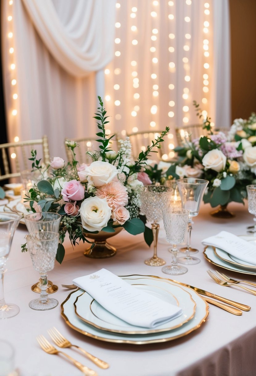 A table adorned with floral centerpieces, delicate china, and elegant glassware. A backdrop of twinkling lights and draped fabric adds a touch of romance to the setting