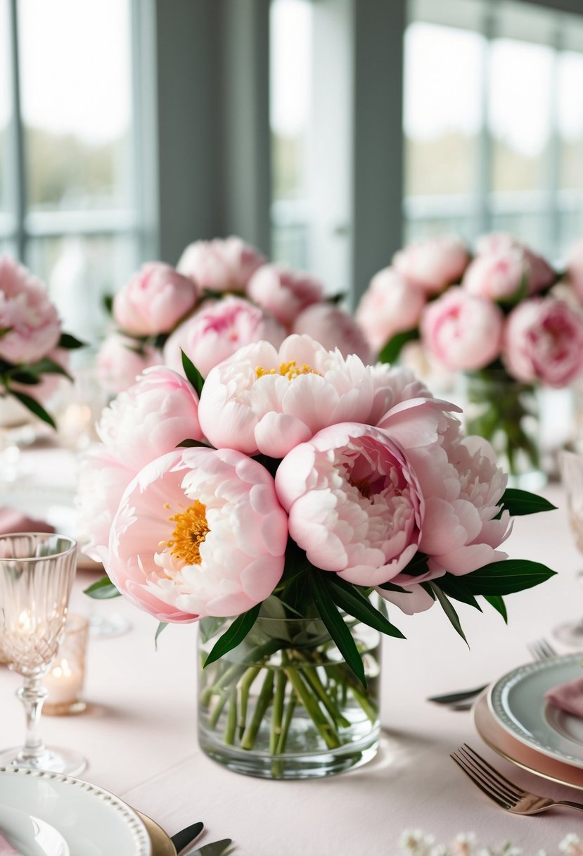 A table adorned with blush pink peony bouquets, set for a romantic wedding celebration