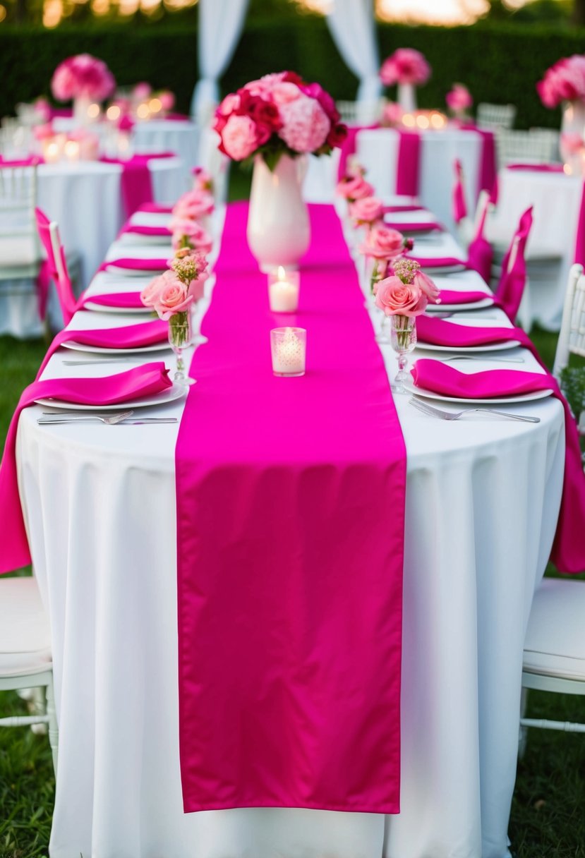 Hot pink table runners draped over white table, surrounded by pink floral centerpieces and candles