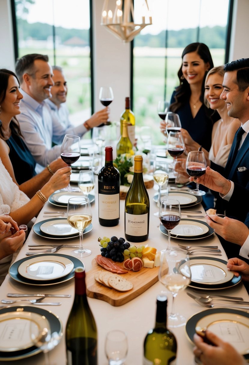 A table set with various wine bottles, glasses, and charcuterie, surrounded by friends and family enjoying a personalized wine tasting for a wedding shower