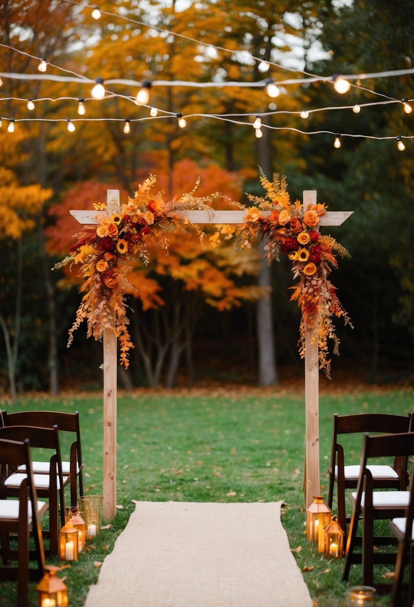 A cozy outdoor fall wedding with rustic decor, string lights, and a color palette of warm oranges, reds, and golds. A simple wooden arch adorned with autumn foliage serves as the ceremony backdrop