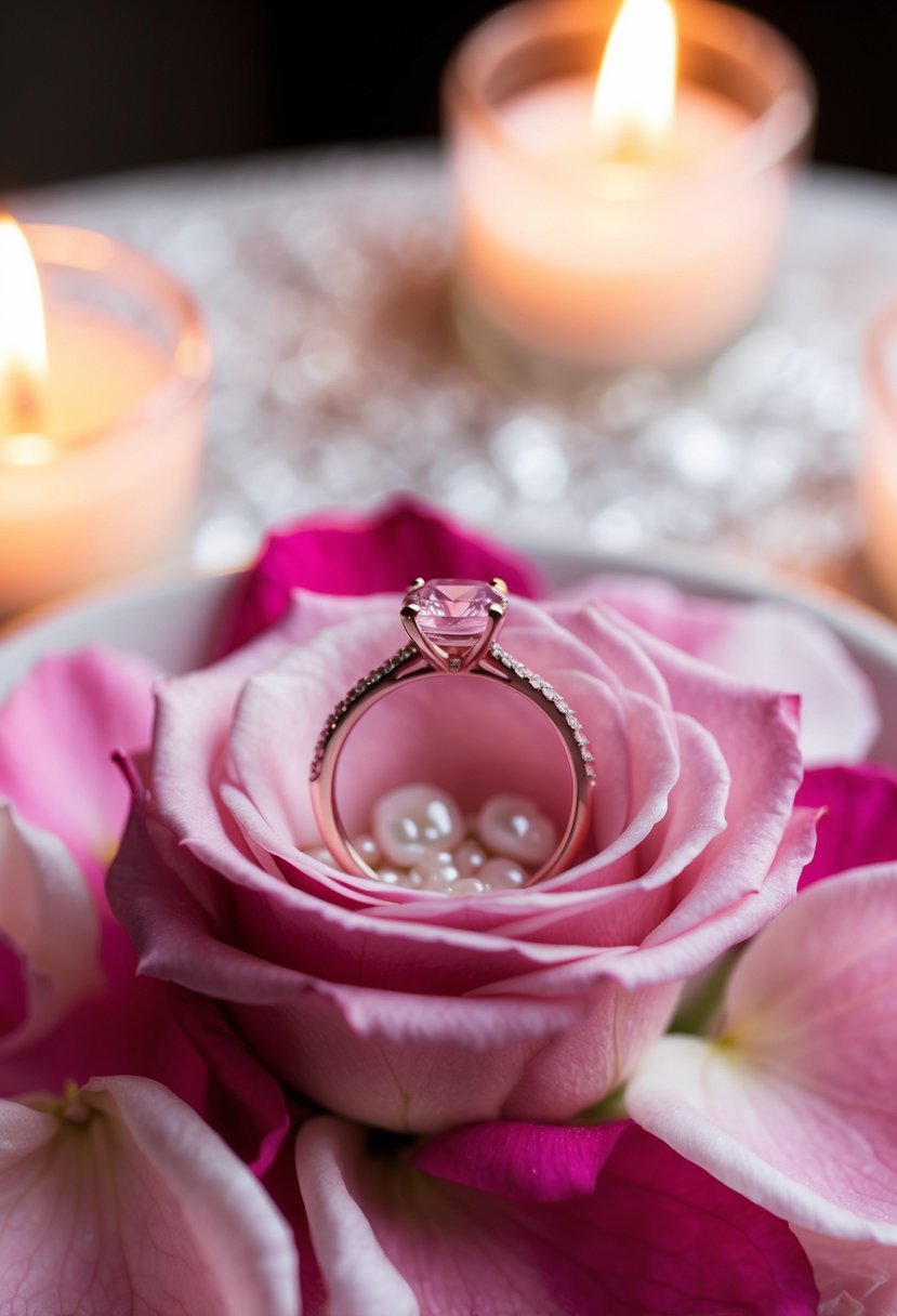 A delicate pale pink engagement ring resting on a bed of pink rose petals, surrounded by soft candlelight