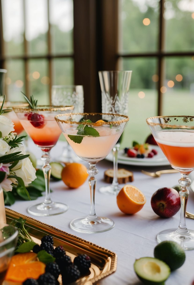 A table set with elegant glassware and fresh ingredients for crafting custom bridal shower cocktails