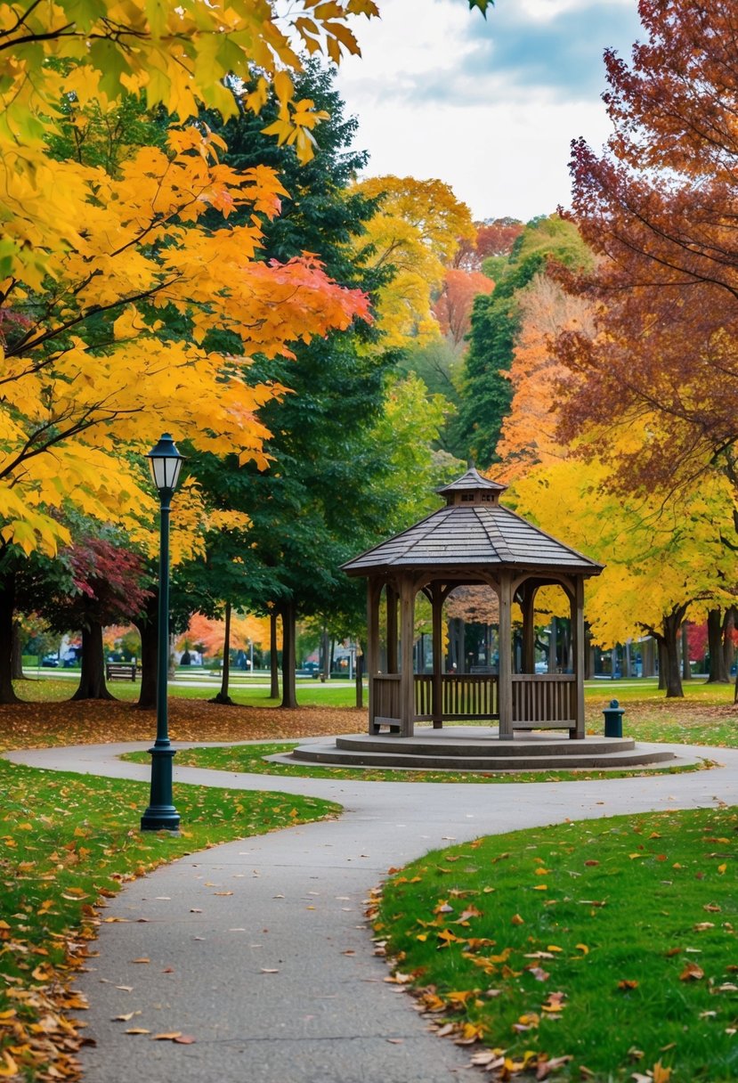 A serene public park with colorful autumn foliage, a rustic wooden gazebo, and a winding path lined with vibrant leaves