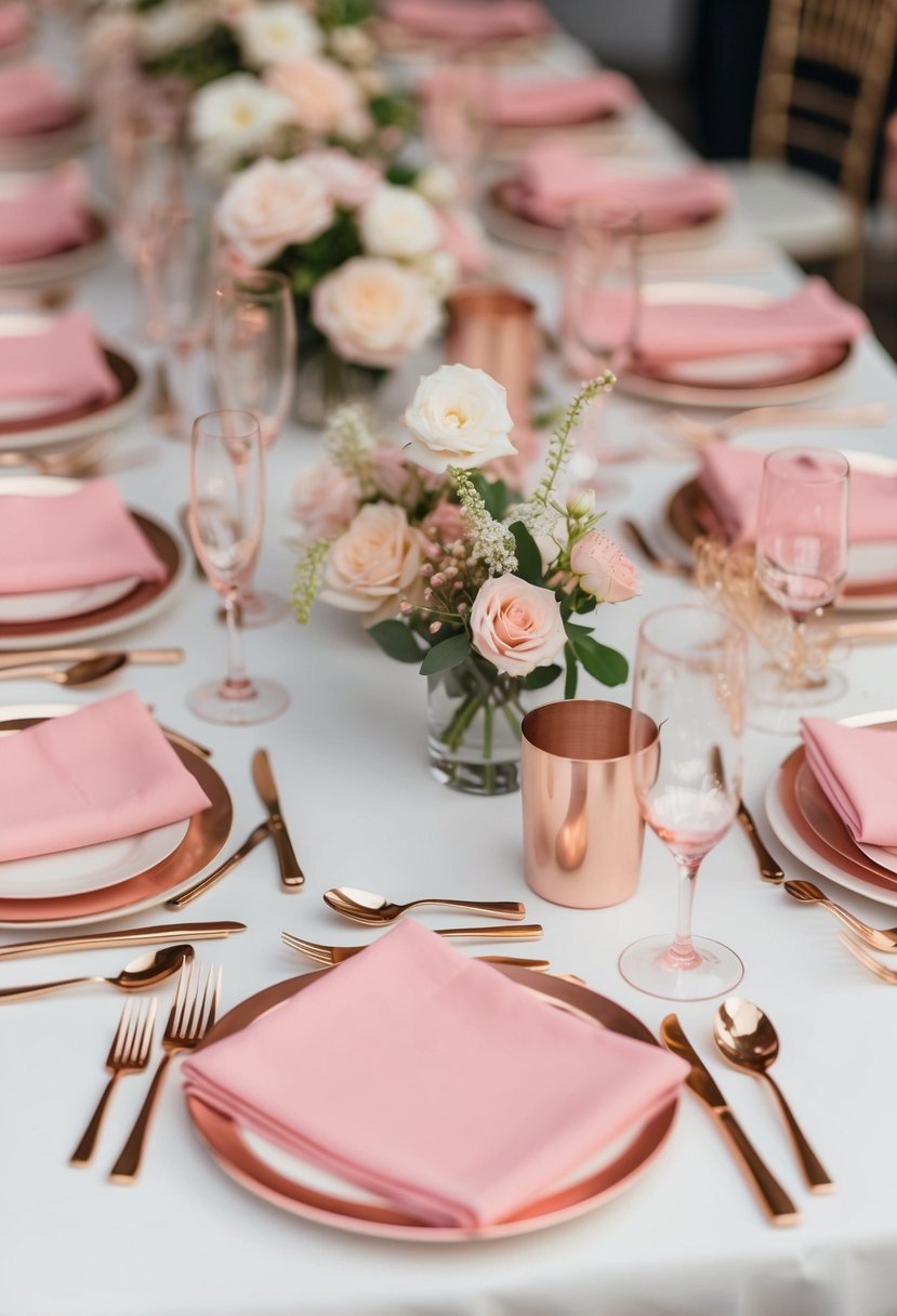 A table set with rose gold cutlery, pink napkins, and delicate floral centerpieces for a romantic wedding reception