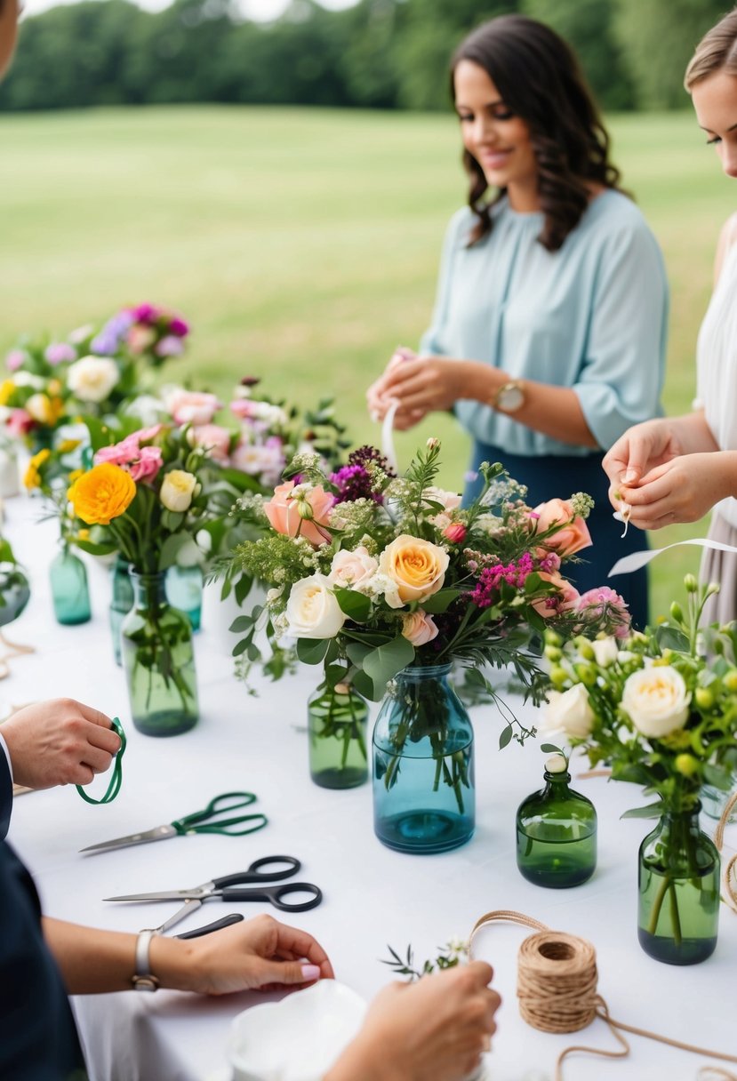 A table with assorted flowers, vases, and greenery. Scissors, twine, and ribbon nearby. Guests creating their own bouquets