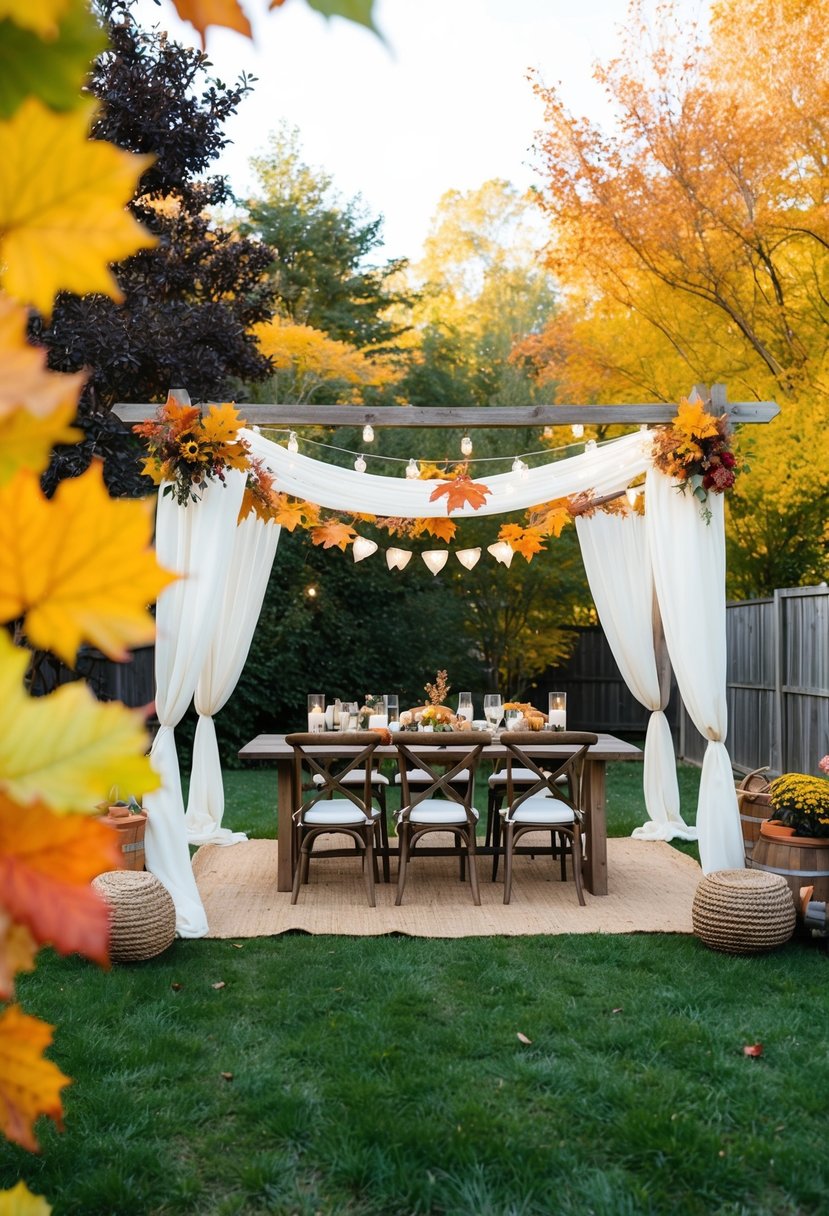 A cozy backyard set with rustic DIY decor, surrounded by colorful autumn foliage for a budget-friendly fall wedding