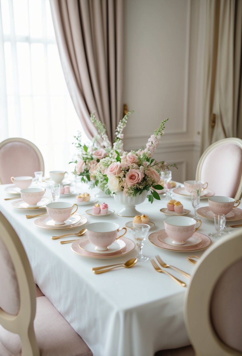 A table adorned with delicate teacups, floral centerpieces, and pastel-colored treats, surrounded by elegant chairs and soft, flowing curtains