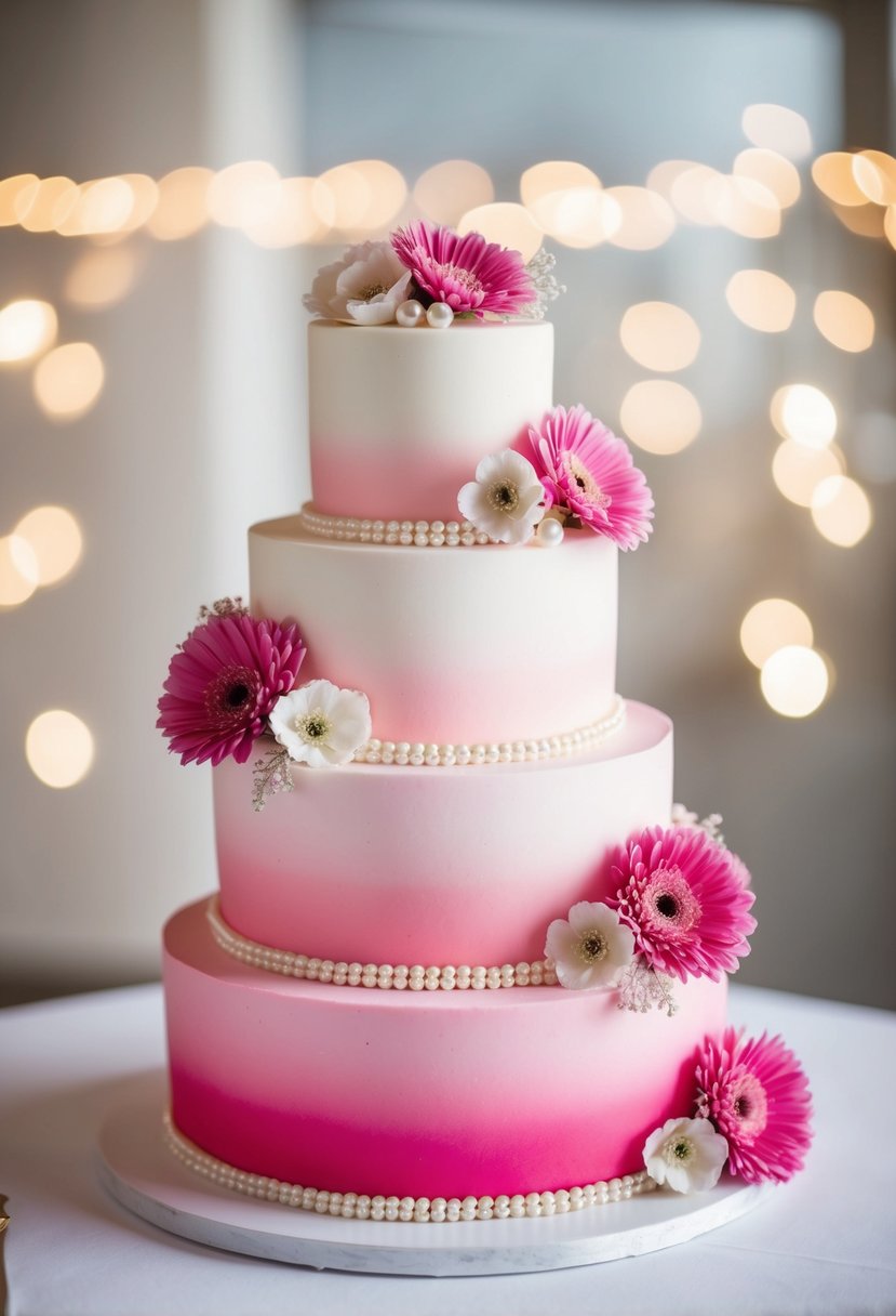 A three-tiered pink ombre wedding cake adorned with delicate flowers and shimmering pearls