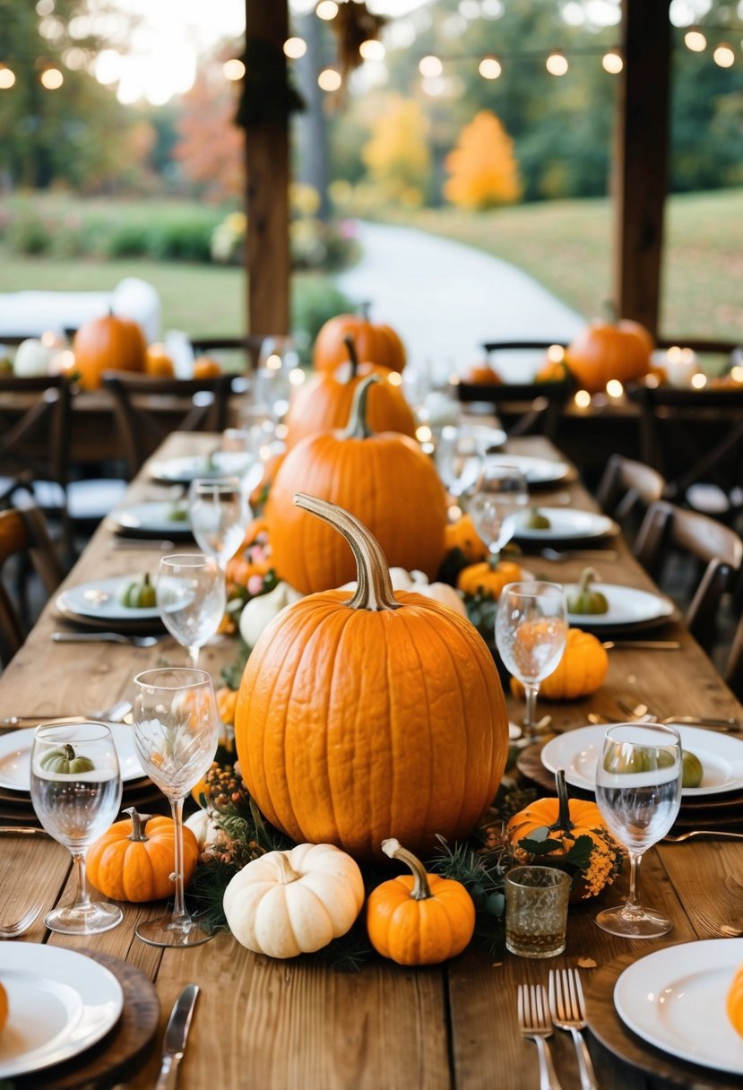 Pumpkin centerpieces adorn wooden tables at a cozy fall wedding, creating a rustic and budget-friendly ambiance