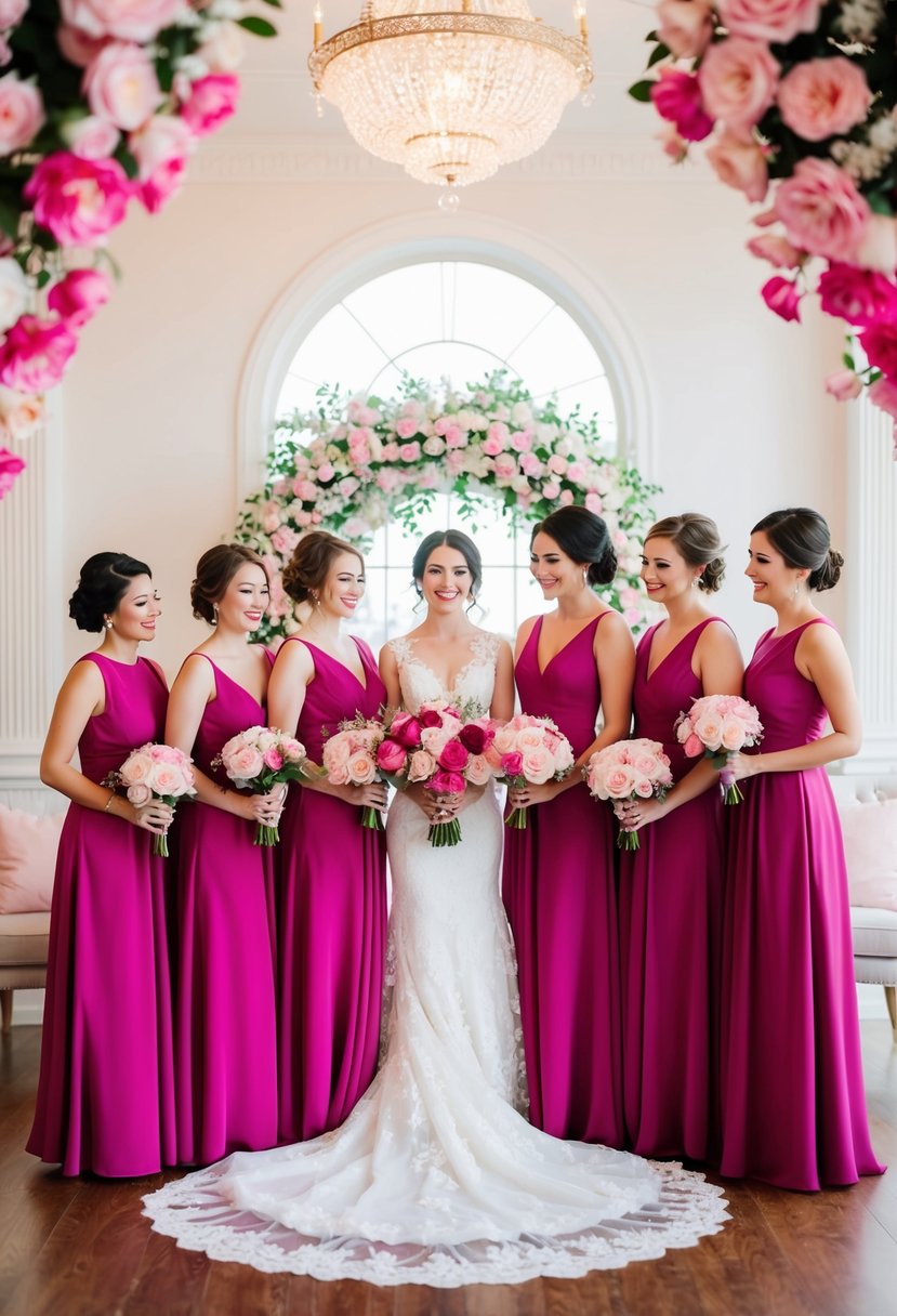 A group of fuchsia bridesmaid dresses arranged in a romantic wedding setting with pink floral decor and elegant details