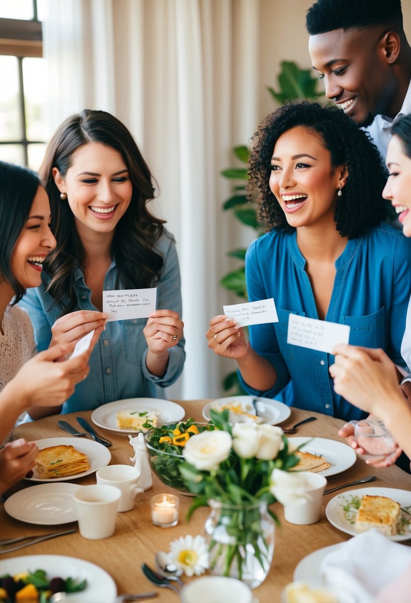 A group of friends gather around a table, exchanging recipe cards and discussing wedding shower ideas. Laughter and excitement fill the air as they share their favorite recipes and creative party concepts