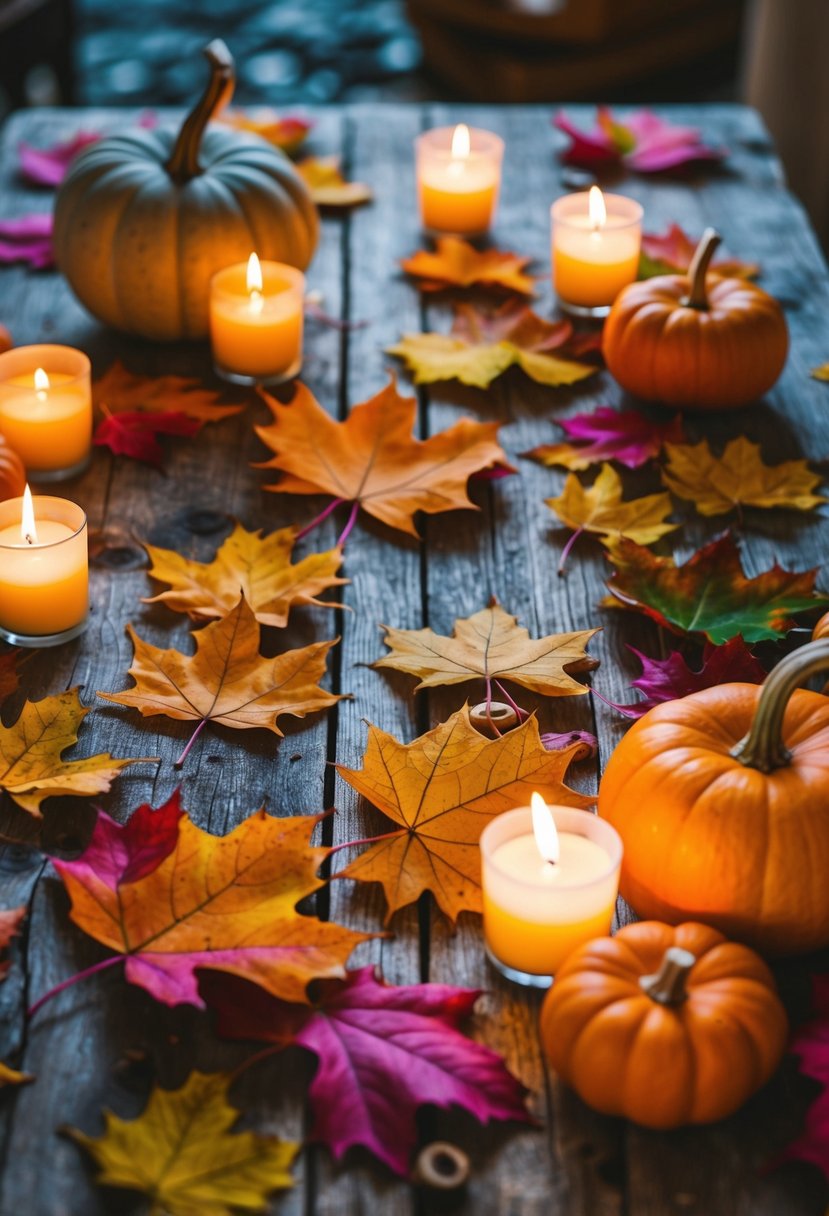 Colorful autumn leaves scattered on a rustic wooden table, surrounded by flickering tea lights and small pumpkins