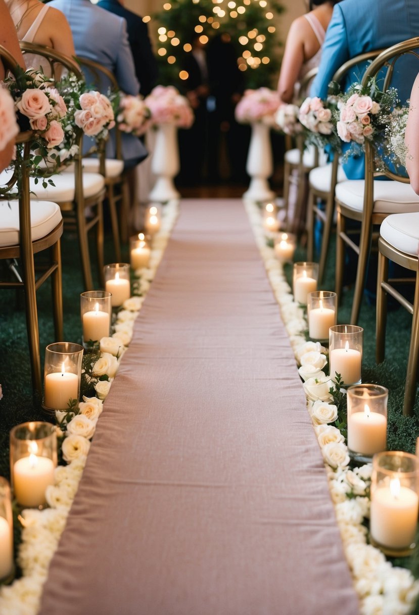 A dusty rose aisle runner stretches down the center of a wedding ceremony, adorned with delicate pink flowers and surrounded by soft candlelight