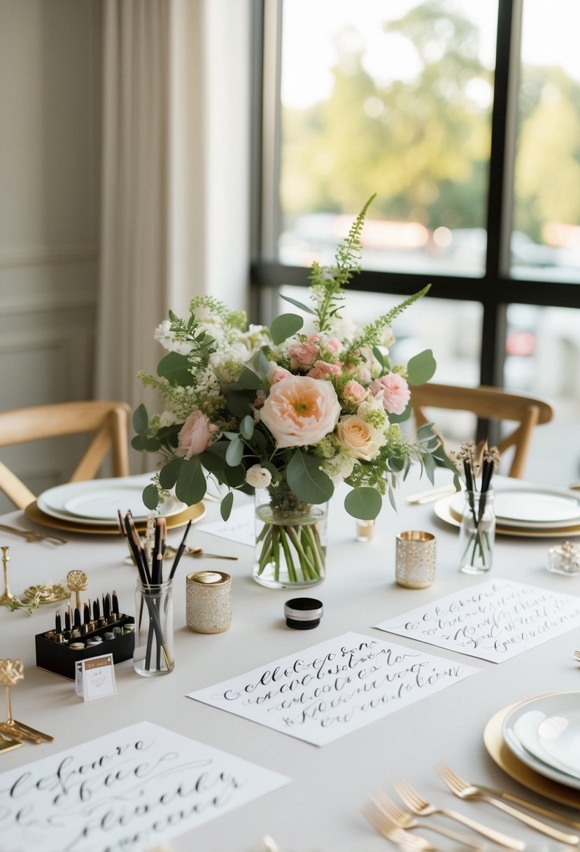 A table set with calligraphy supplies, floral arrangements, and elegant decor for a wedding shower workshop