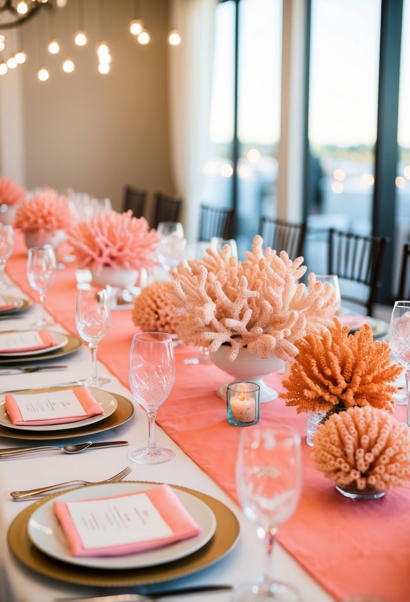 A table adorned with coral and pink centerpieces, creating a romantic and elegant ambiance for a wedding celebration