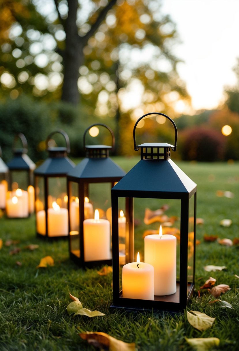 Handmade lanterns with candles illuminate an outdoor fall wedding on a budget