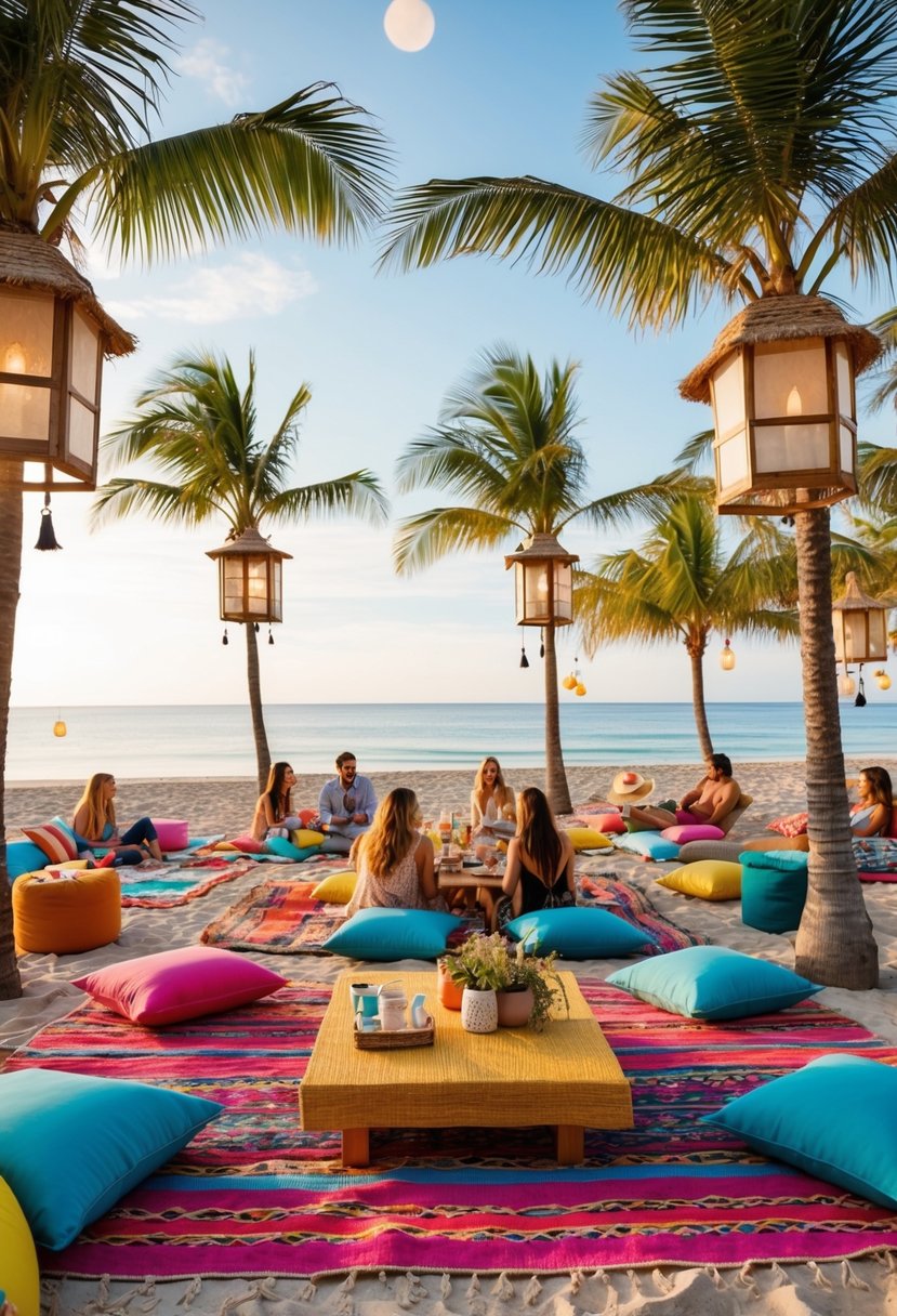 A beachside picnic with colorful rugs, low tables, and boho decor. Lanterns hang from palm trees, while guests lounge on floor cushions