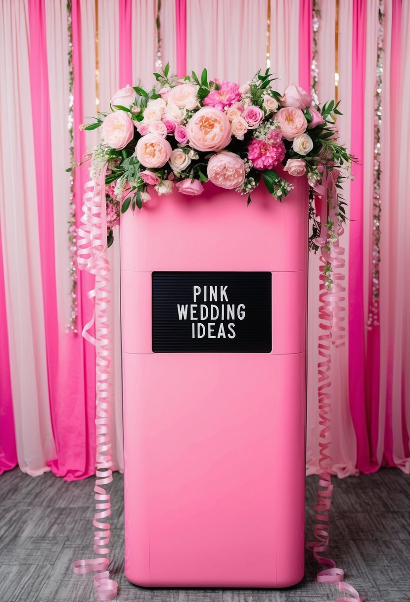 A bubblegum pink photo booth at a wedding, adorned with pink flowers and streamers, with a sign that says "Pink Wedding Ideas"