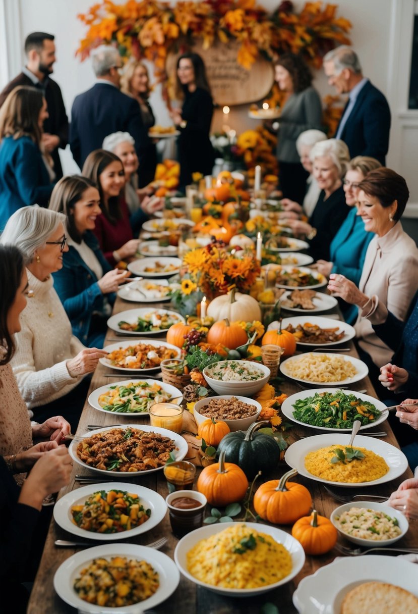 A table filled with an assortment of homemade dishes, surrounded by fall foliage and decor, with guests mingling and enjoying the potluck meal