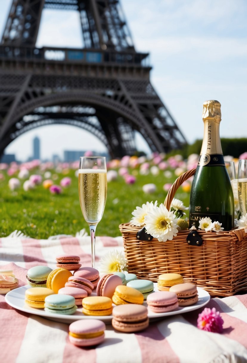 A picnic blanket spread with macarons, champagne, and flowers, set against the backdrop of the Eiffel Tower