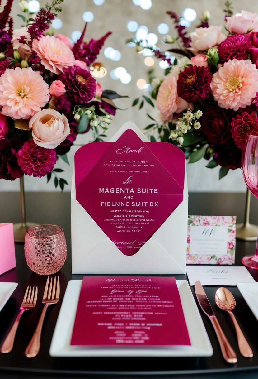 A magenta invitation suite displayed with pink wedding decor and floral arrangements