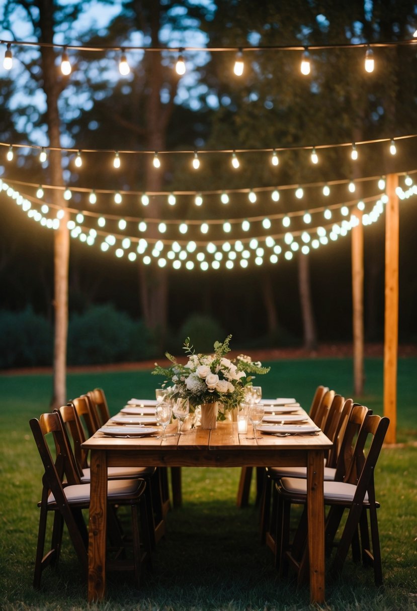 A cozy outdoor wedding setup with borrowed tables and chairs under twinkling lights