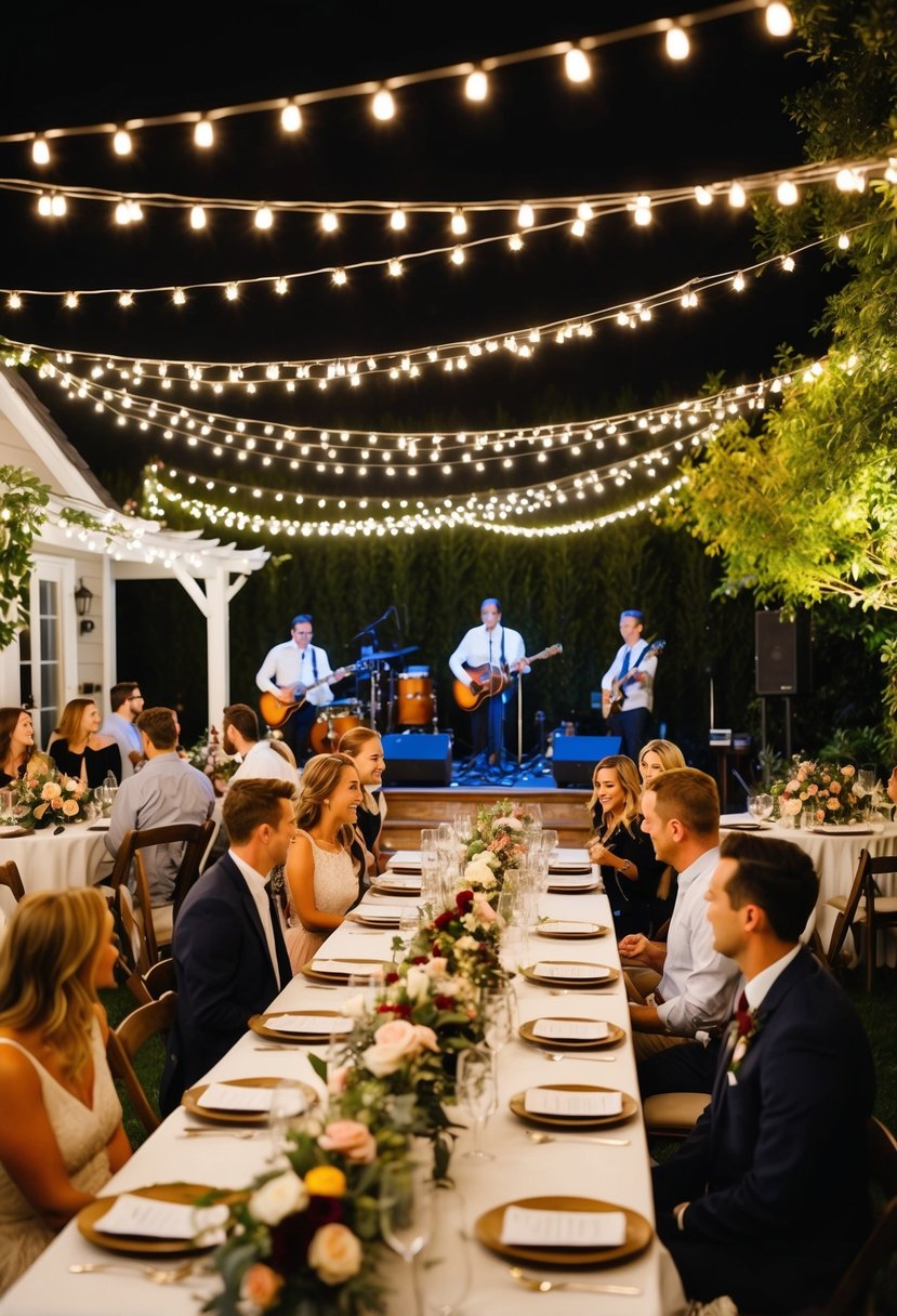 A cozy backyard setting with twinkling lights, a stage with instruments, and guests mingling around tables adorned with floral centerpieces