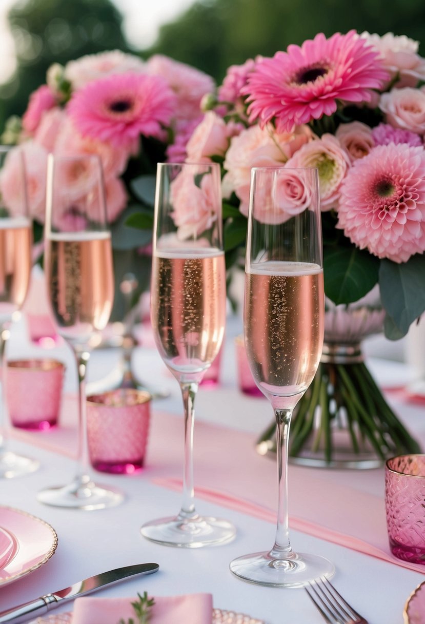 A table set with pink champagne flutes, surrounded by pink floral arrangements and decorations for a wedding celebration