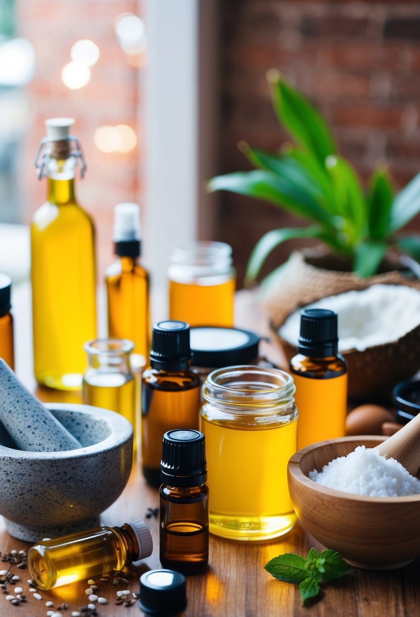 A table filled with colorful jars, essential oils, and natural ingredients like honey and coconut oil. A mortar and pestle sits nearby for mixing