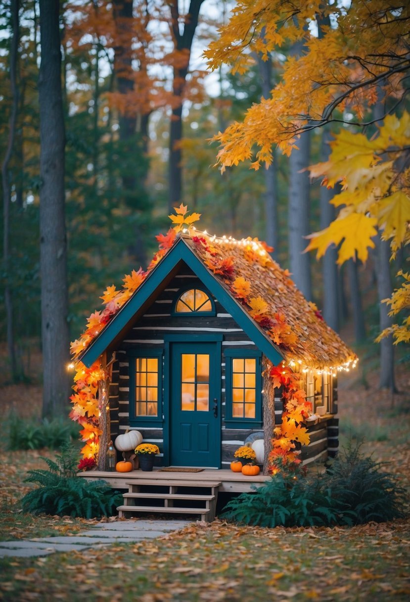 A small, rustic cabin adorned with autumn leaves and twinkling lights, surrounded by colorful foliage and a serene, woodland backdrop