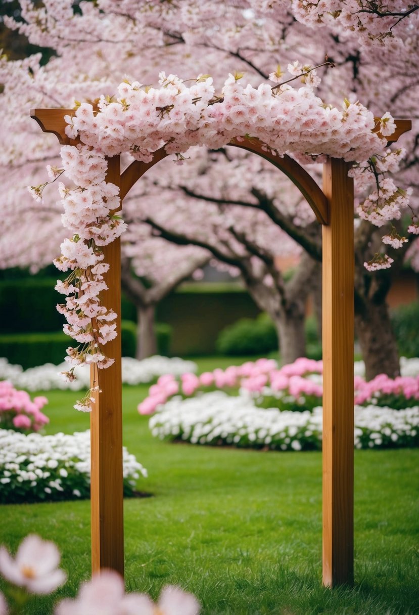 A wooden arch adorned with cherry blossoms stands in a garden, surrounded by pink and white flowers