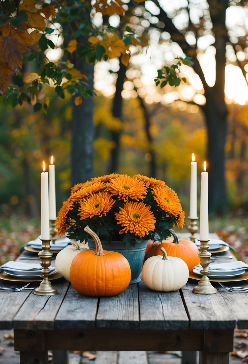 A rustic wooden table adorned with chrysanthemums, pumpkins, and candles, set against a backdrop of autumn foliage