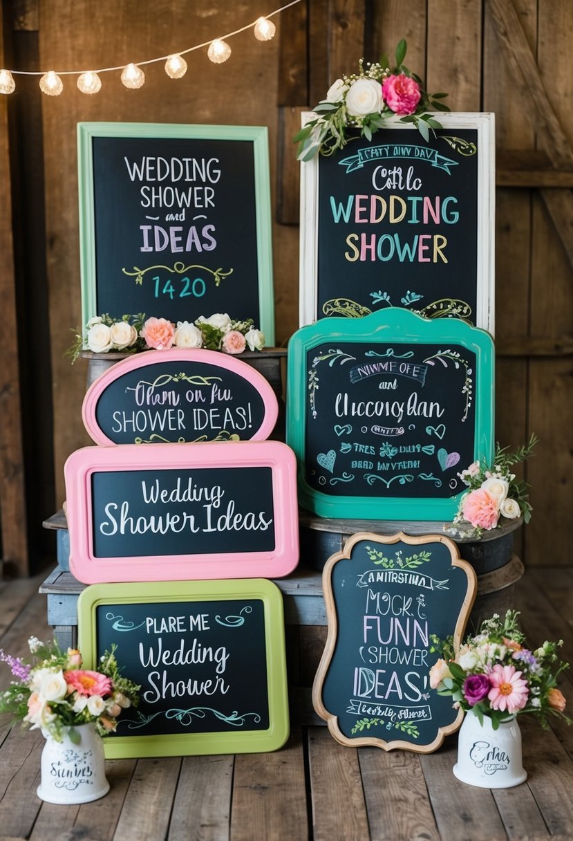 Colorful chalkboard signs with fun messages and wedding shower ideas displayed in a rustic setting with flowers and decorative elements