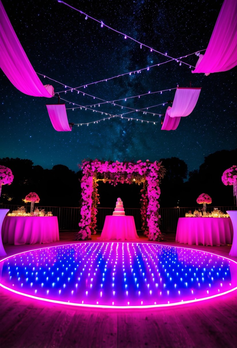 A neon pink dance floor glows under a starry night sky, surrounded by vibrant pink wedding decor and twinkling lights