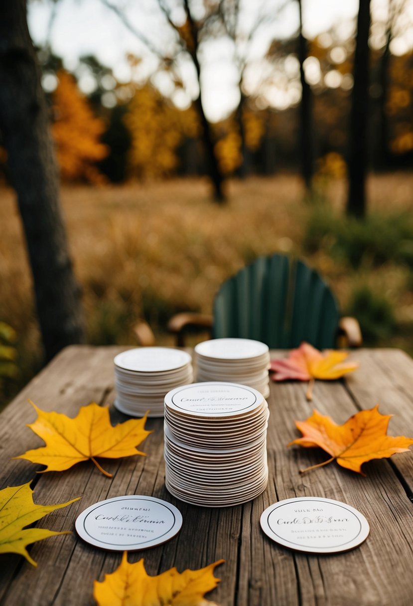 A rustic outdoor wedding setting with colorful fall leaves, a wooden table adorned with custom wedding coasters as favors for guests