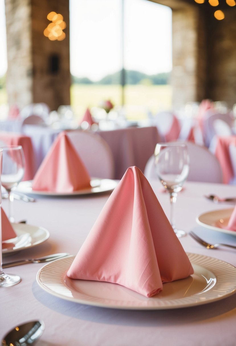 A table set with baby pink napkin holders for a wedding reception