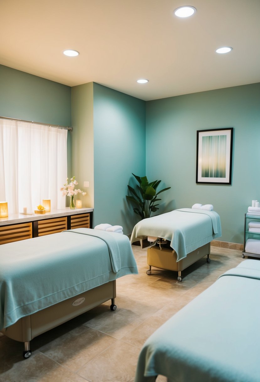 A serene spa room with massage tables and facial beds, surrounded by calming decor and soft lighting