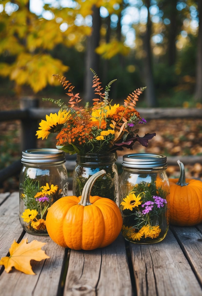 A rustic wooden table with fall foliage, pumpkins, and mason jars filled with wildflowers