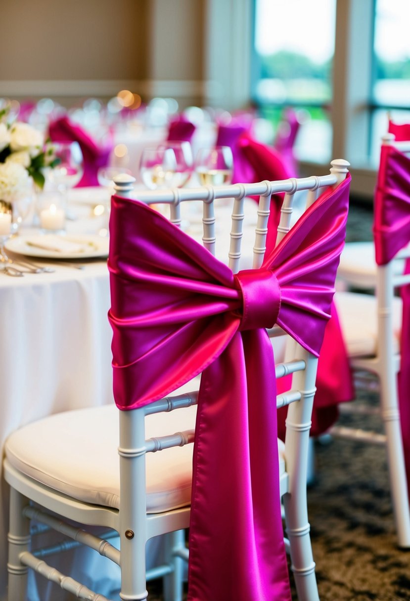 Pink satin chair sashes draped elegantly over white chairs at a wedding reception