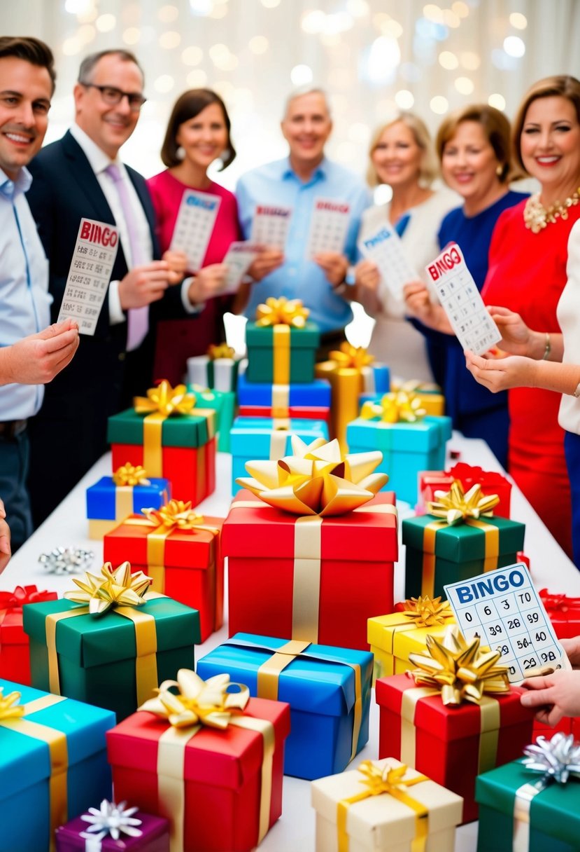 A table filled with wrapped gifts of various shapes and sizes, surrounded by excited guests holding bingo cards