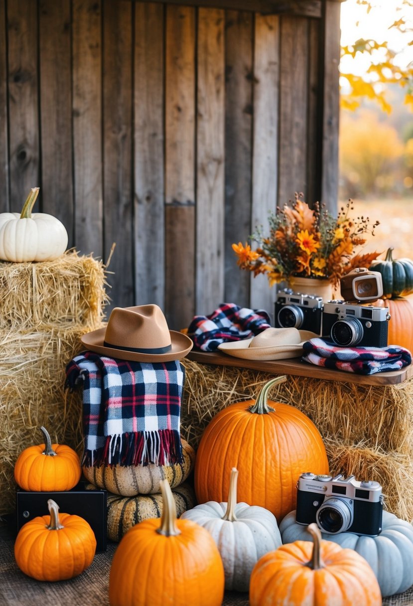 A cozy outdoor setting with a rustic wooden backdrop, hay bales, pumpkins, and autumn foliage. A table displays props like plaid scarves, hats, and vintage cameras